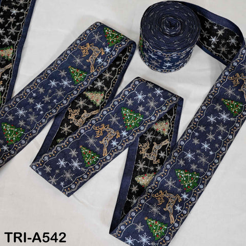 Embroidered Ribbon, Reindeer Holiday Trim Border | Denim Fabric | 3 inches Wide, Navy Blue, 1 Meter