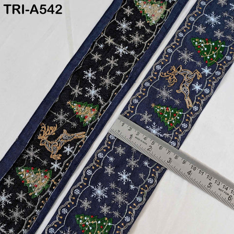 Embroidered Ribbon, Reindeer Holiday Trim Border | Denim Fabric | 3 inches Wide, Navy Blue, 1 Meter