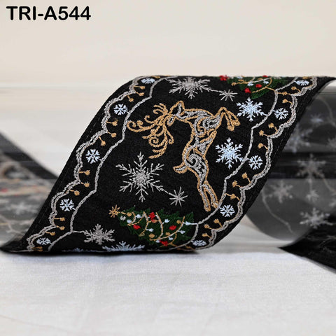 Embroidered Ribbon, Reindeer Holiday Trim Border | Viscose Fabric | 3 inches Wide, Black, 1 Meter