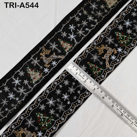 Embroidered Ribbon, Reindeer Holiday Trim Border | Viscose Fabric | 3 inches Wide, Black, 1 Meter