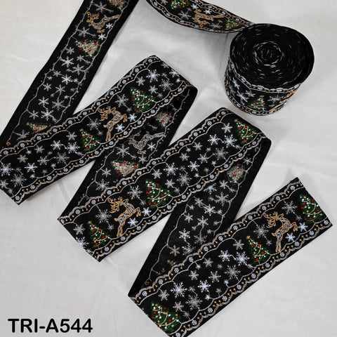 Embroidered Ribbon, Reindeer Holiday Trim Border | Viscose Fabric | 3 inches Wide, Black, 1 Meter