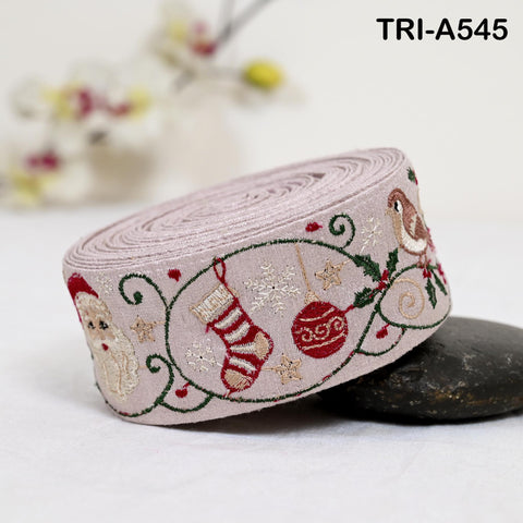 Embroidered Santa Claus Trim, Viscose Fabric Border, 5cm Wide Pale Pink (1 Meter)
