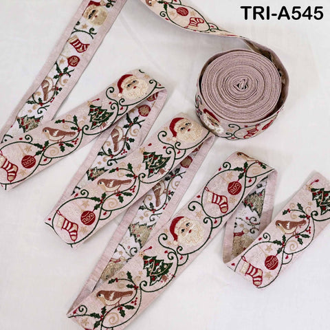 Embroidered Santa Claus Trim, Viscose Fabric Border, 5cm Wide Pale Pink (1 Meter)