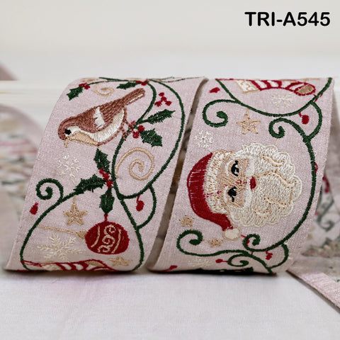 Embroidered Santa Claus Trim, Viscose Fabric Border, 5cm Wide Pale Pink (1 Meter)