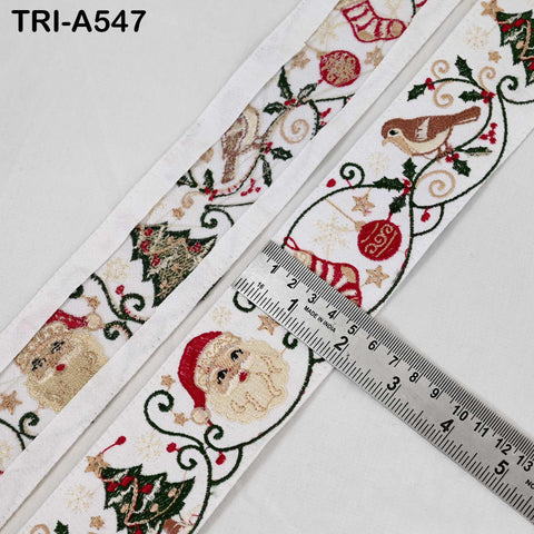 Embroidered Santa Claus Trim, Viscose Fabric Border, 5cm Wide White (1 Meter)