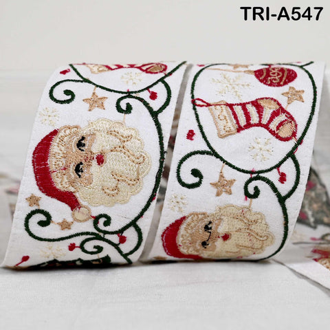 Embroidered Santa Claus Trim, Viscose Fabric Border, 5cm Wide White (1 Meter)