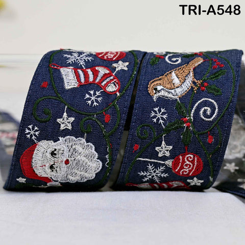 Embroidered Santa Claus Trim, Denim Fabric Border, 5cm Wide Navy Blue (1 Meter)