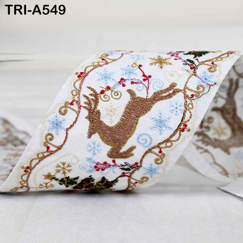 Embroidered Ribbon, Reindeer Holiday Trim Border | Viscose Fabric | 3 inches Wide, White, 1 Meter