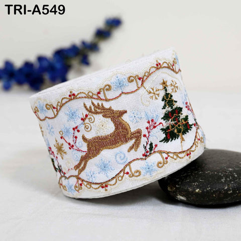 Embroidered Ribbon, Reindeer Holiday Trim Border | Viscose Fabric | 3 inches Wide, White, 1 Meter