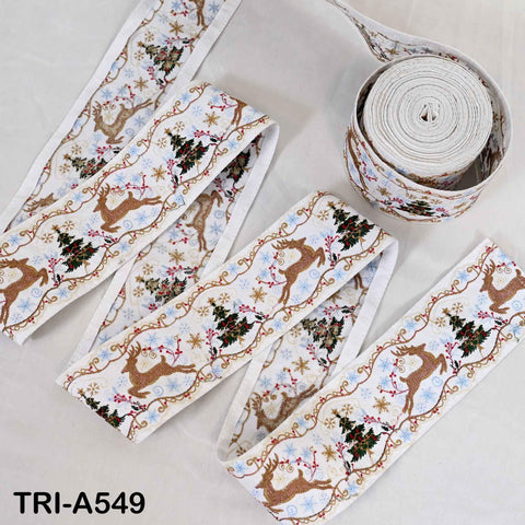 Embroidered Ribbon, Reindeer Holiday Trim Border | Viscose Fabric | 3 inches Wide, White, 1 Meter