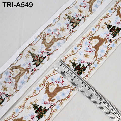 Embroidered Ribbon, Reindeer Holiday Trim Border | Viscose Fabric | 3 inches Wide, White, 1 Meter