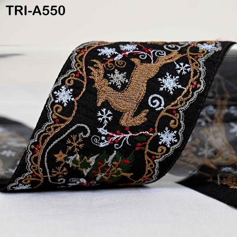 Embroidered Ribbon, Reindeer Holiday Trim Border | Viscose Fabric | 3 inches Wide, Black, 1 Meter