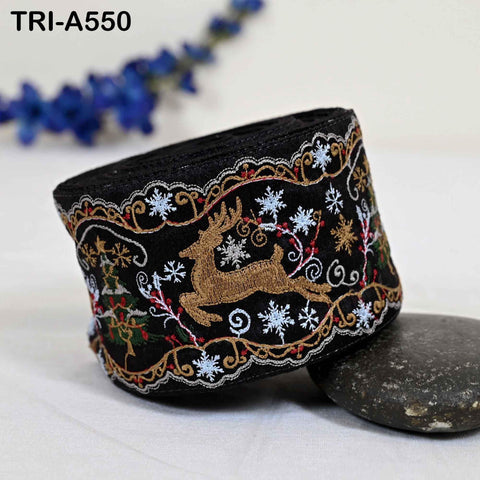 Embroidered Ribbon, Reindeer Holiday Trim Border | Viscose Fabric | 3 inches Wide, Black, 1 Meter