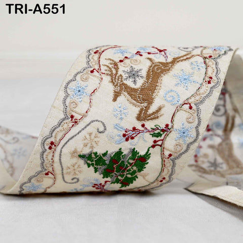 Embroidered Ribbon, Reindeer Holiday Trim Border | Viscose Fabric | 3 inches Wide, Ivory, 1 Meter