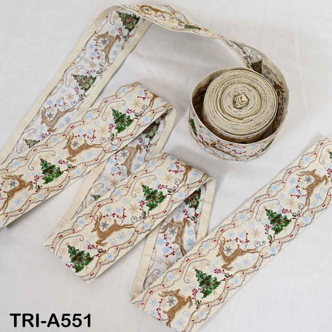 Embroidered Ribbon, Reindeer Holiday Trim Border | Viscose Fabric | 3 inches Wide, Ivory, 1 Meter