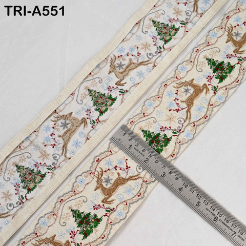 Embroidered Ribbon, Reindeer Holiday Trim Border | Viscose Fabric | 3 inches Wide, Ivory, 1 Meter
