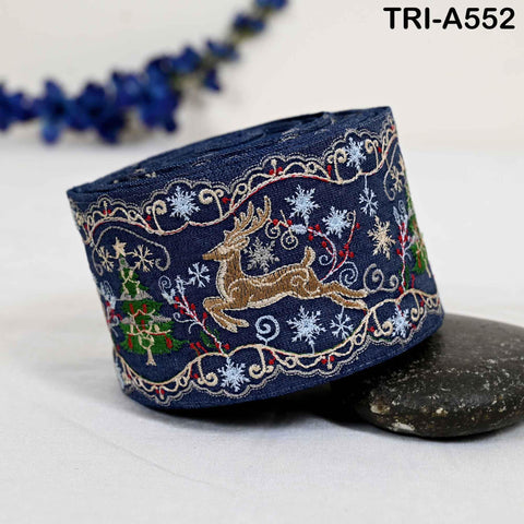 Embroidered Ribbon, Reindeer Holiday Trim Border | Denim Fabric | 3 inches Wide, Navy Blue, 1 Meter