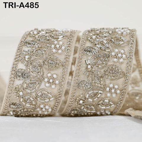 1 Meter Dull Gold Beaded Trim Ribbon: Indian Sari Border, Craft Embellishment (5cm Wide)