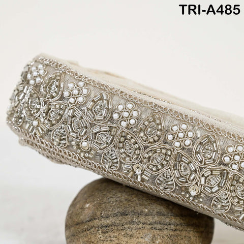 1 Meter Dull Gold Beaded Trim Ribbon: Indian Sari Border, Craft Embellishment (5cm Wide)