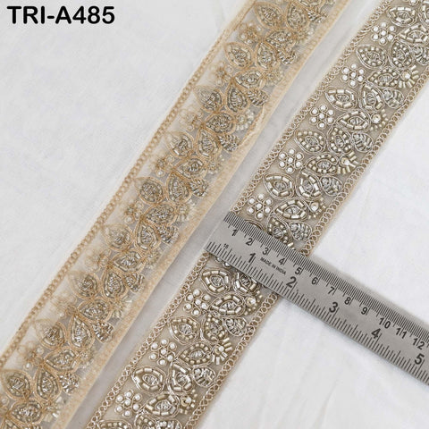 1 Meter Dull Gold Beaded Trim Ribbon: Indian Sari Border, Craft Embellishment (5cm Wide)