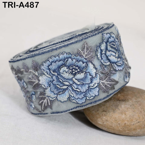 Blue Roses Embroidery Ribbon: Floral Sari Border Trims Lace (55mm Wide) 1 Meter
