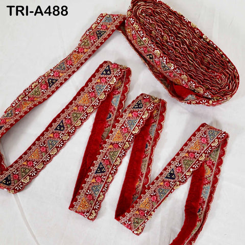 Red Indian Embroidery Velvet Ribbon Trim Lace: Beaded Sari Border 1 Meter (1.8 inch)
