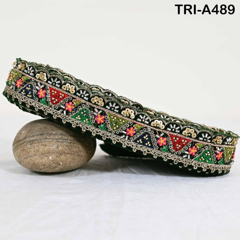 Bottle Green Embroidered Velvet Ribbon Trim: Beaded Sari Border (1.8 inch)