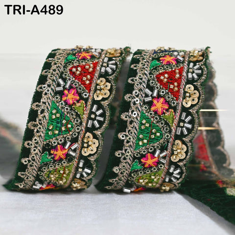 Bottle Green Embroidered Velvet Ribbon Trim: Beaded Sari Border (1.8 inch)