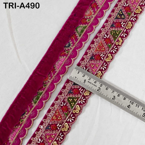 Magenta Embroidered Velvet Ribbon Trim: Beaded Sari Border (1.8 inch)