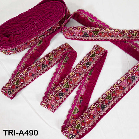 Magenta Embroidered Velvet Ribbon Trim: Beaded Sari Border (1.8 inch)