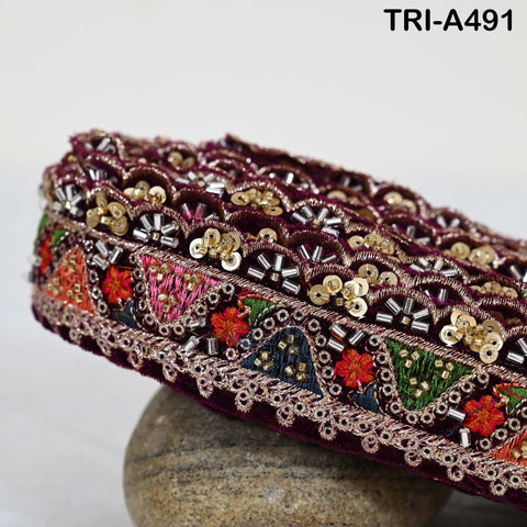 Dark Maroon Embroidered Velvet Ribbon Trim: Beaded Sari Border (1.8 inch)