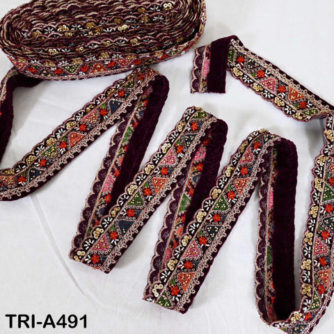 Dark Maroon Embroidered Velvet Ribbon Trim: Beaded Sari Border (1.8 inch)