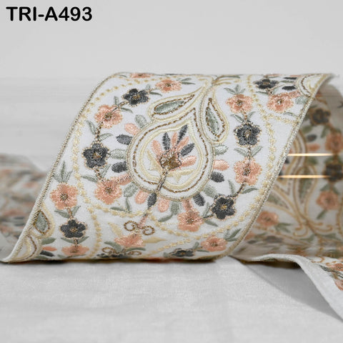 Embroidered Floral Viscose Ribbon, Indian Sari Border Trim (9cm x 1M)