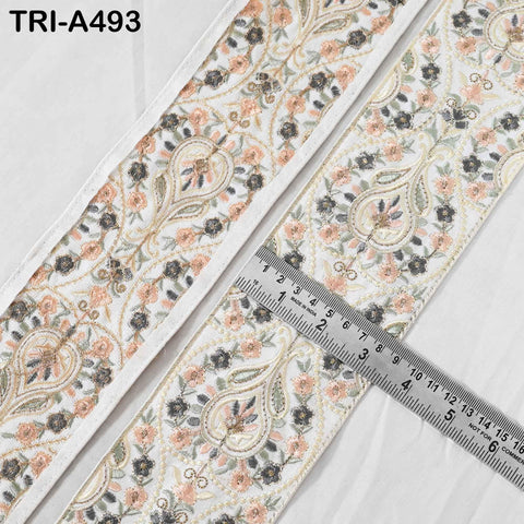 Embroidered Floral Viscose Ribbon, Indian Sari Border Trim (9cm x 1M)