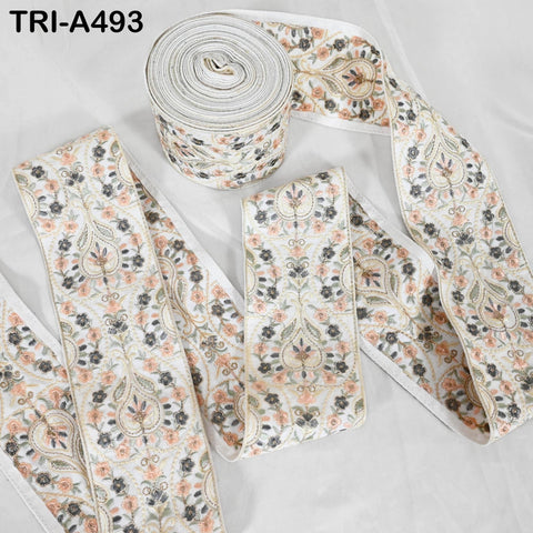 Embroidered Floral Viscose Ribbon, Indian Sari Border Trim (9cm x 1M)