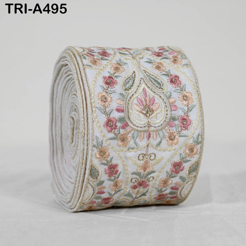 Embroidered Floral Viscose Ribbon, Indian Sari Border Trim (9cm x 1M)