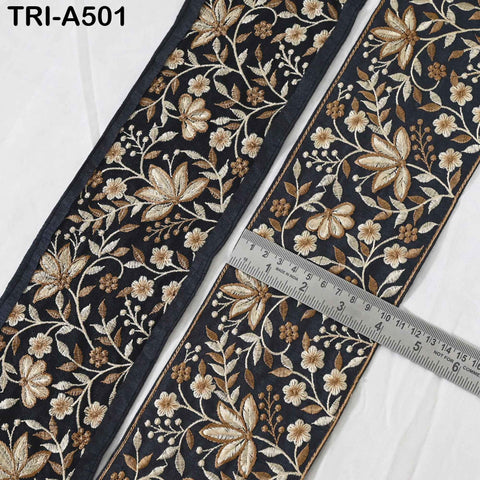 1 Meter Gray Embroidered 10cm Trim Indian Embroidery Ribbons Laces | Sari Border Saree | DIY Crafting Beach Bag Decorative Trimmings