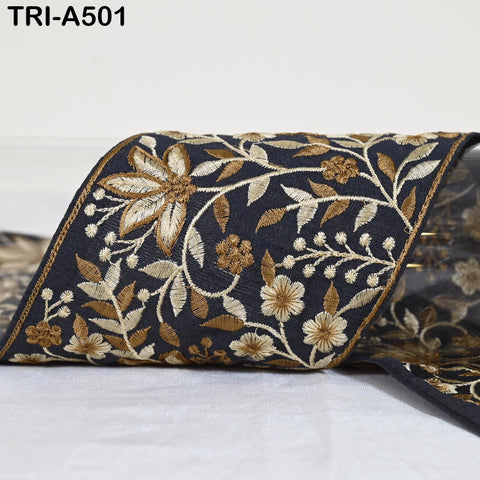 1 Meter Gray Embroidered 10cm Trim Indian Embroidery Ribbons Laces | Sari Border Saree | DIY Crafting Beach Bag Decorative Trimmings