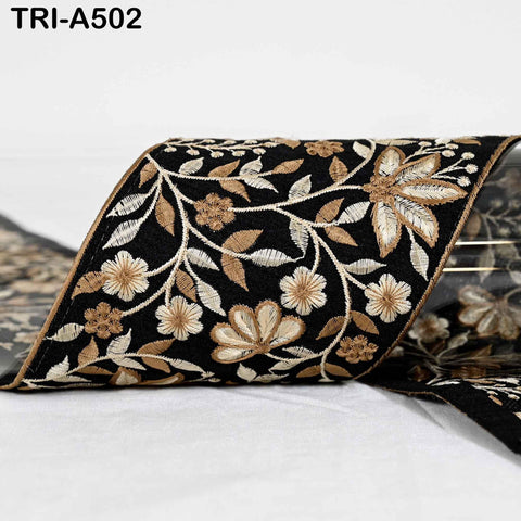 1 Meter Black Embroidered 10cm Trim Indian Embroidery Ribbons Laces | Sari Border Saree | DIY Crafting Beach Bag Decorative Trimmings