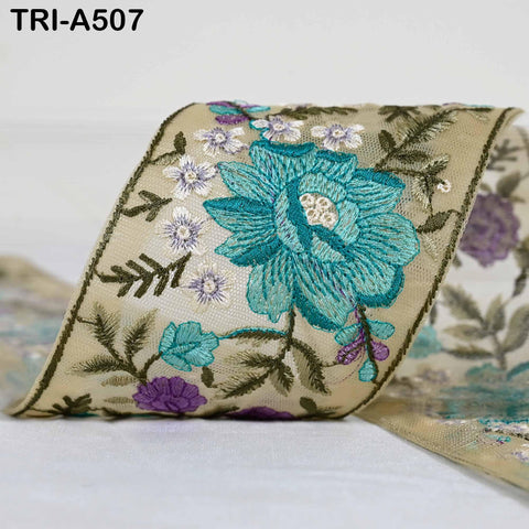Sari Border Trim, Embroidered Green Ribbon, Viscose Tulle | 8cm Wide, 1 Meter Length | For Costumes and Home Decor