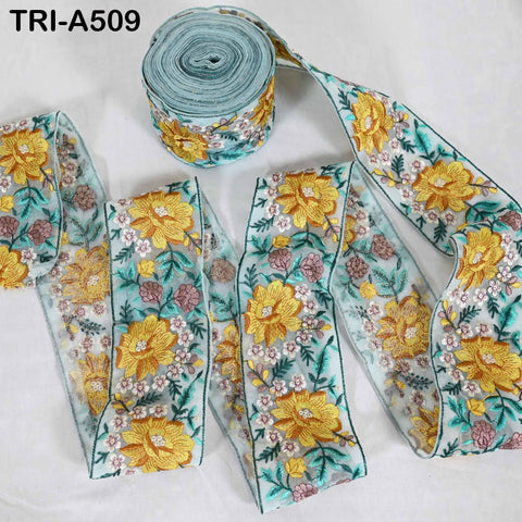 Yellow Embroidered Viscose Tulle Trim, Floral Sari Border, 8cm Wide (1 Meter)