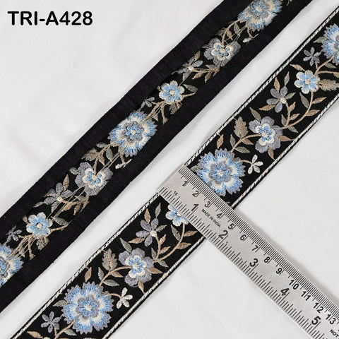 9-Yard Embroidered Ribbon: Floral Blue, Grey, Brown, Ivory (Wholesale)