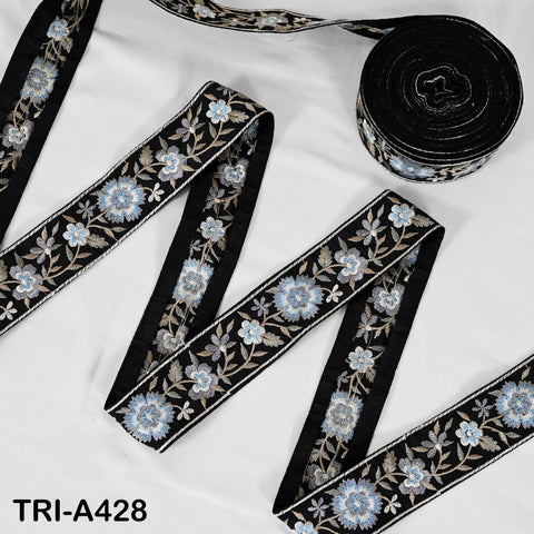 9-Yard Embroidered Ribbon: Floral Blue, Grey, Brown, Ivory (Wholesale)