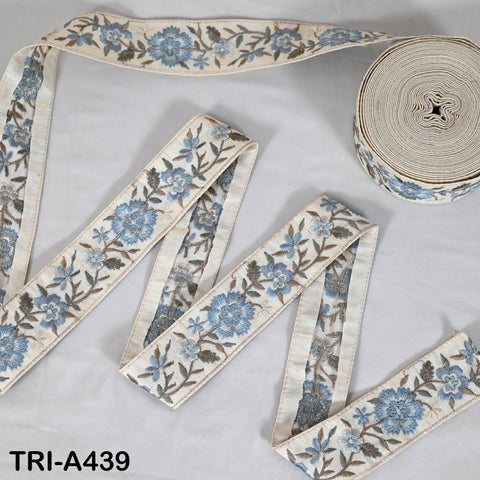 9-Yard Embroidered Ribbon: Floral Blue, Grey, Brown, Ivory (Wholesale)
