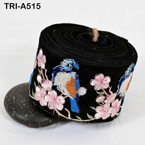 Black Embroidered Kingfisher Sari Border Trim 1 Meter