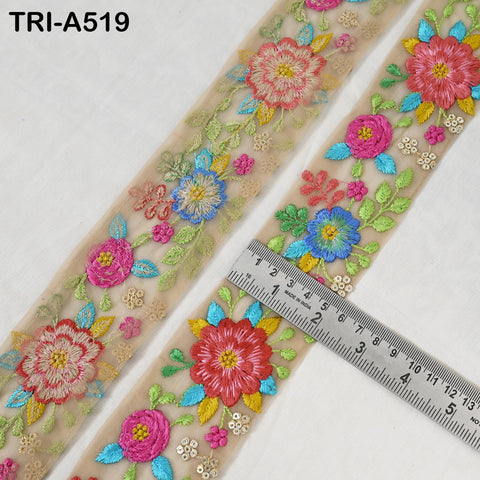 Floral Embroidered Sari Border Trim, Beige Net, Wedding Accent (1 Meter)
