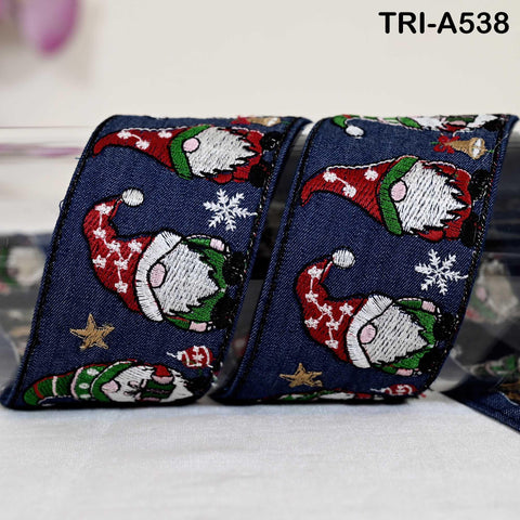 Embroidered Santa Claus Trim, Denim Fabric Border, 2 in Wide (1 Meter)