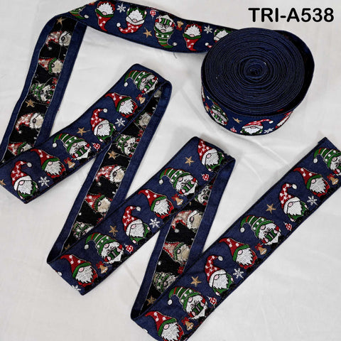 Embroidered Santa Claus Trim, Denim Fabric Border, 2 in Wide (1 Meter)