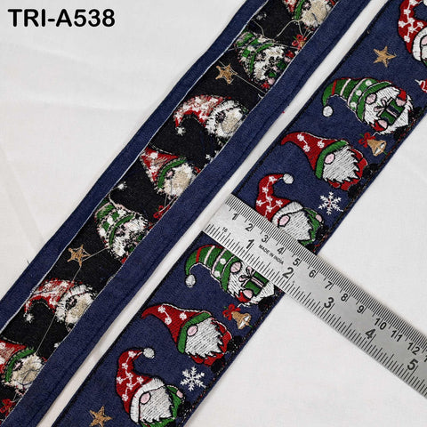 Embroidered Santa Claus Trim, Denim Fabric Border, 2 in Wide (1 Meter)