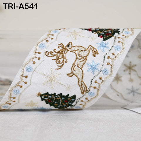 Embroidered Ribbon, Reindeer Holiday Trim Border | Viscose Fabric | 3 inches Wide, White, 1 Meter
